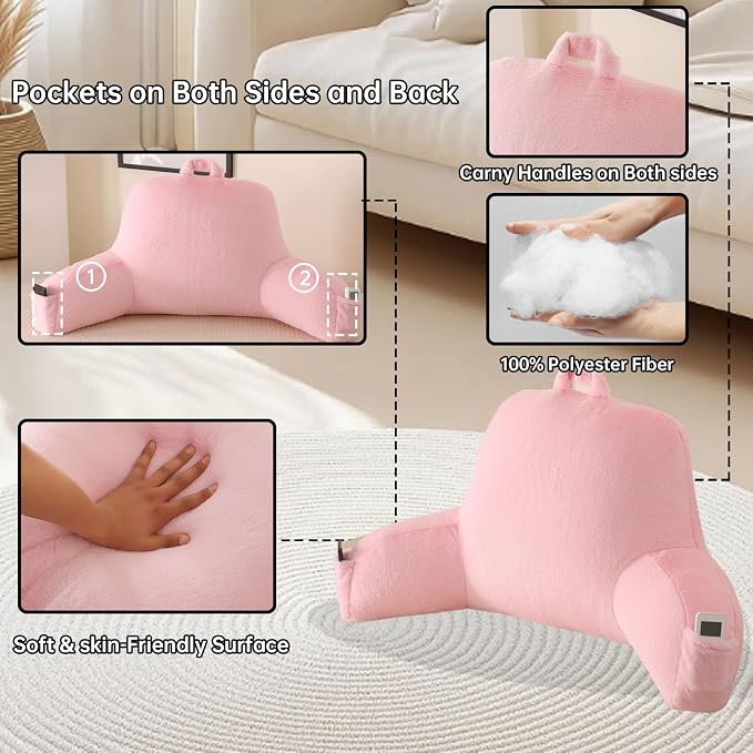 Soft Reading Pillow for Bed with Arms,Middle,Pink,Faux Fur | 17" Backrest with Arms for Gaming & Lounging,Oeko-TEX Certified Plush Back Pillow for Girls Room