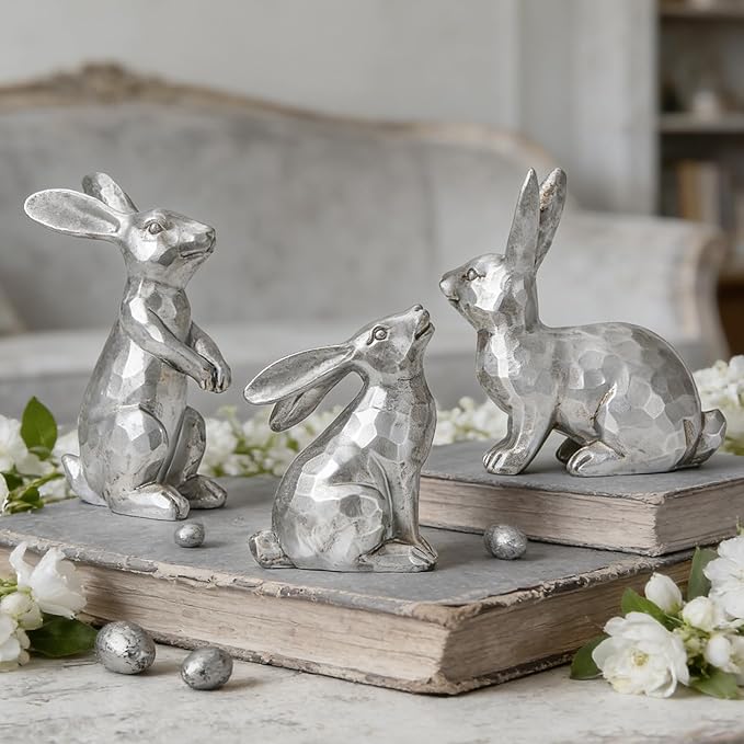 DN DECONATION Easter Bunny Figurines, Small Decorative Bunny Statue Set of 3, Easter Resin Rabbit for Vintage Tabletop Decor Home Spring Decoration Gift, Antique Silver Sculptures Decor