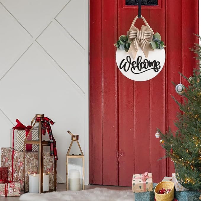 Welcome Sign for Front Door Wreath Decorations for All Seasons Front Porch Decor Hanging Gift for Farmhuose Home Outdoor Indoor (White-Welcome)