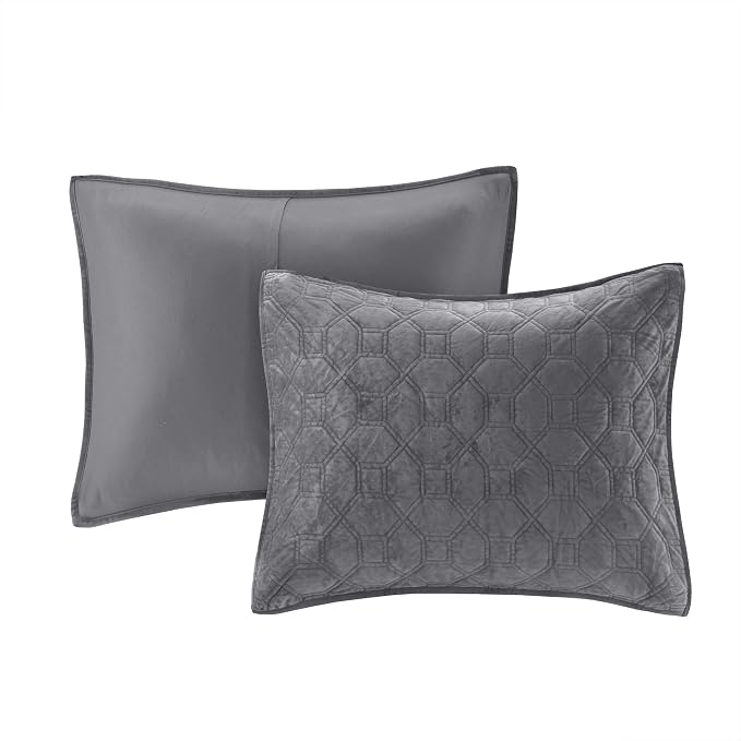 Madison Park Harper Quilt Set Velvet Casual Geometric Stitching Design All Season, Lightweight Coverlet, Cozy Bedding, Matching Shams, Full/Queen(90"x90"), Grey 3 Piece