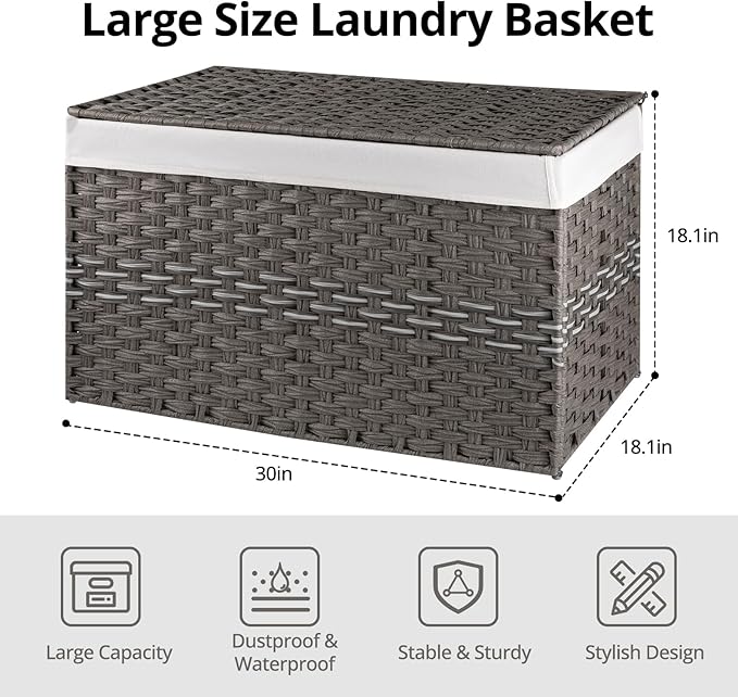 OIAHOMY Large Storage Basket with Lid, 42.3 Gallon (160L) Blanket Basket with Removable Liner Bag, Wicker Hamper with Handle, Foldable, Hamper for Bedroom, Grey