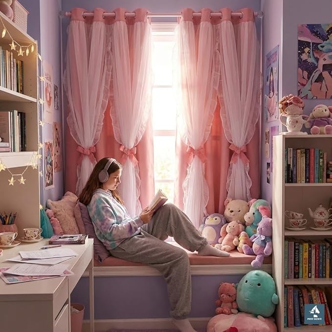 PONY DANCE Pink Curtains for Nursery, Double Layer Bow Curtains with Ruffle Sheer Overlay for Girls Bedroom,Cute Shabby Chic Room Darkening Drapes in Coquette Style,Blush Pink,52x84 inch, 2 PCs