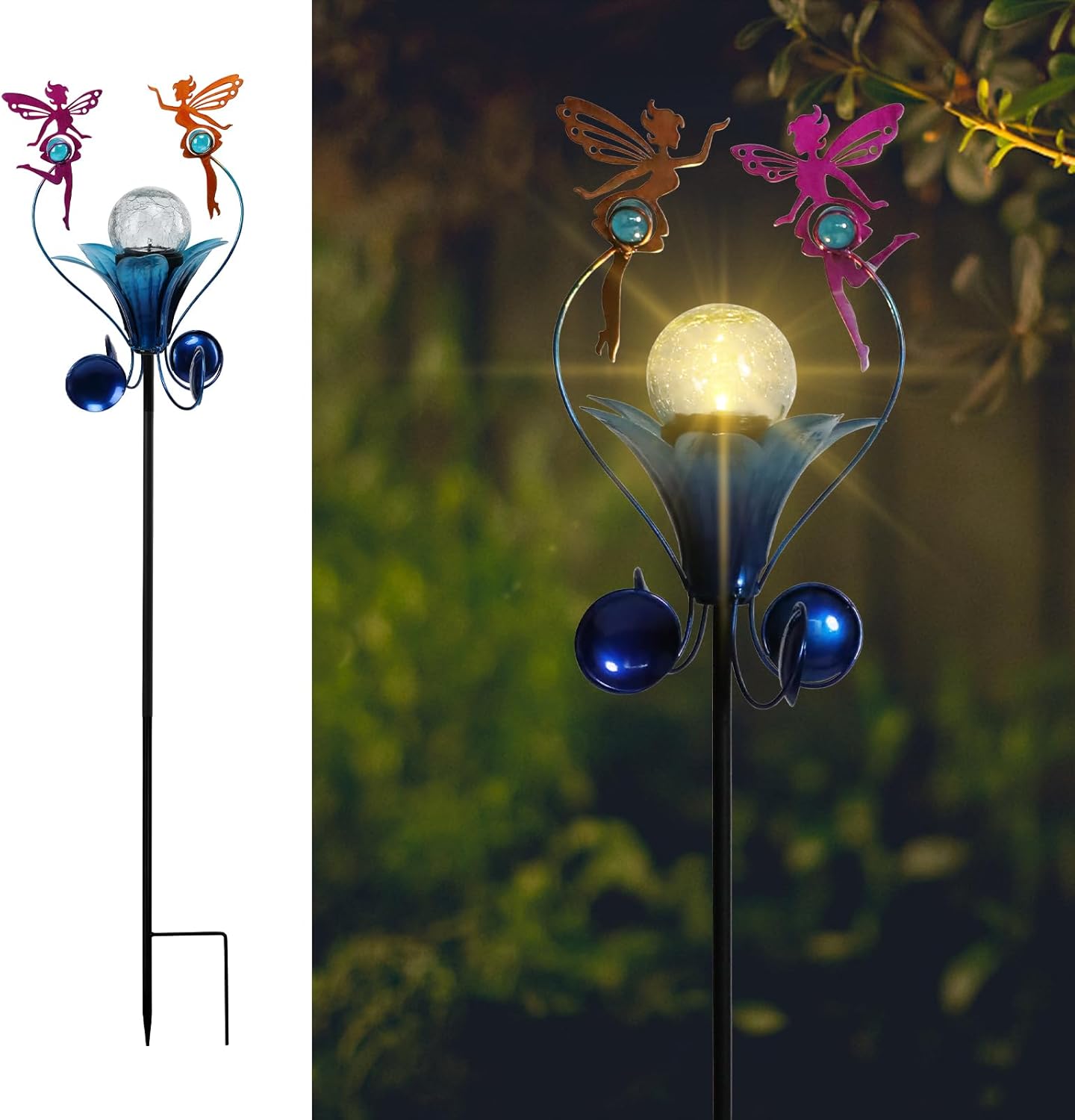 VCUTEKA Solar Lights Outdoor Metal Garden Stake Waterproof Crackle Glass Globe Garden Decor Fairy for Pathway, Lawn, Patio, Yard