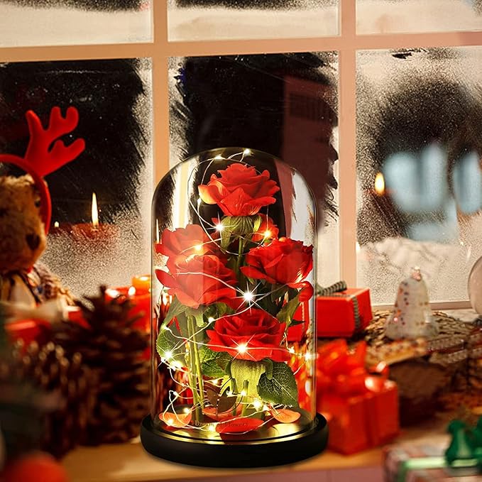 Mothers Day Rose Gifts for Women,Beauty and Beast Rose in Glass Dome with LED Light,Glass Rose Flower Gifts for Family Valentines Birthday Gifts for Women Mom Wife Girlfriend Friend Forever Red Rose