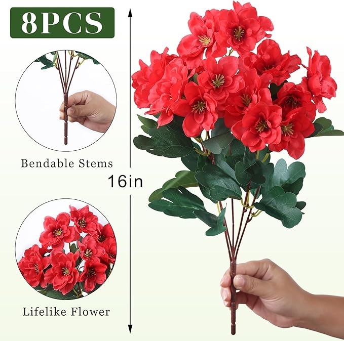 YXZZWL 8 Bundles Artificial Flowers for Front Door, Fake Silk Azalea Bouquet Silk Flowers for Outside UV Resistant Realistic Faux Plants for Planter Farmhouse Patio Garden Walkways Home Decor (Red)