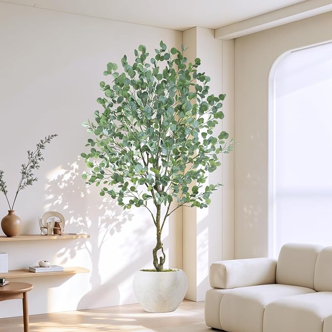 Caxchiling Large Artificial Eucalyptus Tree 7FT, Indoor Outdoor Faux Tree | Natural Trunk with White Planter for Home Office Living Room Front Door Decor