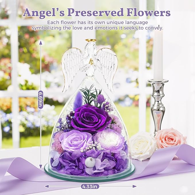 TranquilBliss Gifts for Mom, Flowers for Mother’s Day, Preserved Rose in Glass Dome with Light, Angel Figurines for Her Birthday, Valentine’s Day for Wife, Grandma, Women - Purple