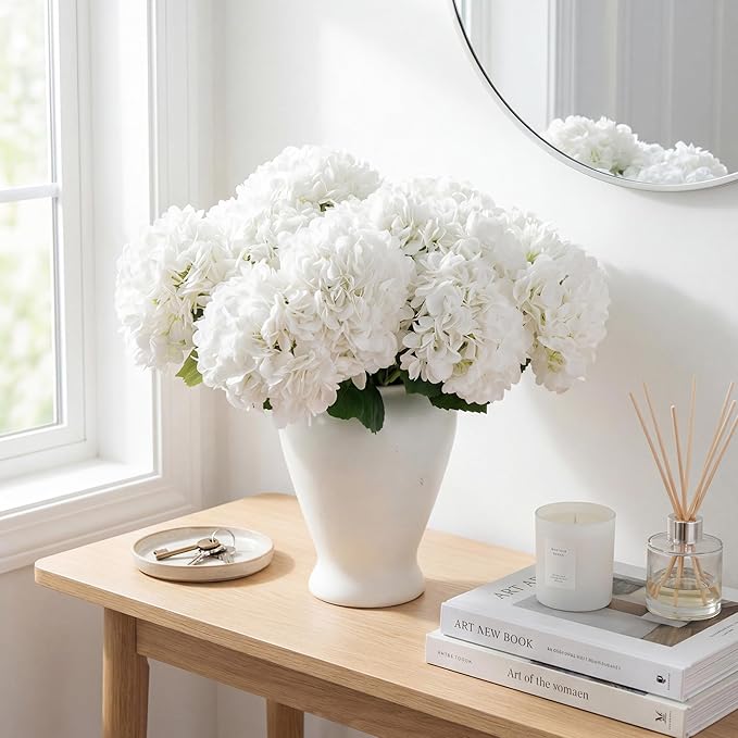 PARTY JOY 12PCS 15.4In Artificial Hydrangea Silk Flowers Bouquet Faux Hydrangea Stems for Wedding Centerpieces Home Decor (White,12pcs)
