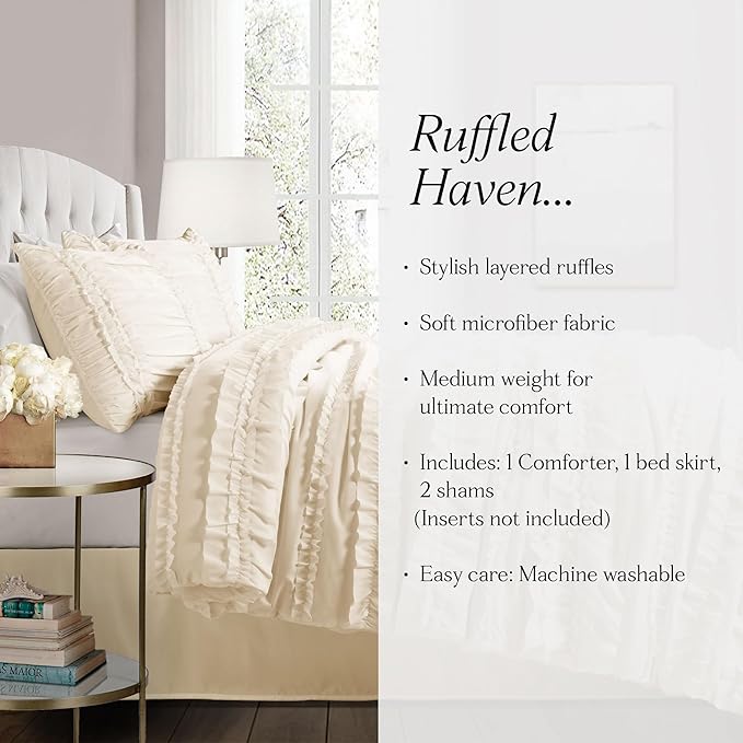 Lush Decor C07815P13 Belle Ivory Comforter (96 x 92 inches) Ruffled Shabby Chic 4 Piece Set with Bed Skirt(80 x 60 inches with a 14. 5 inch drop). and 2 Pillow Shams(20 x 26 inches), Full/Queen