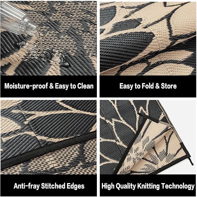 HUGEAR 8'x10' Outdoor Rug Waterproof Plastic Straw Rugs Large Brown Reversible Floral Mat Floor Carpet for Camping RV Deck Entryance Porch Picnic Balcony Beach Backyard