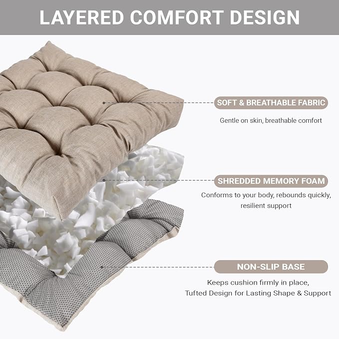 Large Square Floor Cushions Set of 2, 22 x 22 Inch with Non-Slip Bottom, Memory Foam Floor Pillow for Sitting, Meditation & Yoga, Soft Supportive Floor Seating Cushion for Adults & Kids (2, Oatmeal)