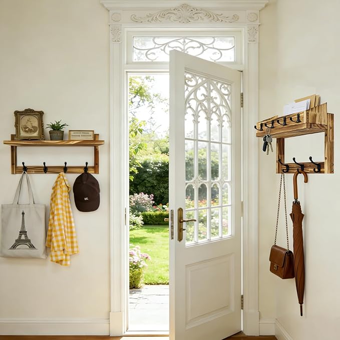 29" Coat Rack Wall Mount with Shelf, 4 in 1 Wall Mounted Coat and Key Hanger with 11 Hooks, Entryway Key Holder with Mail Holder for Living Room, Bedroom