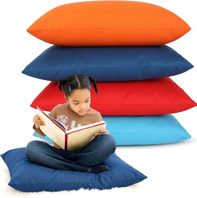 CroBlissful 4 Pieces Extra Large Floor Pillow Set, 27 x 27 x 8 Inch Kids Jumbo Floor Pillows Flexible Seating for Classroom Reading Corner Playrooms Home School, Waterproof(Assorted Colors)