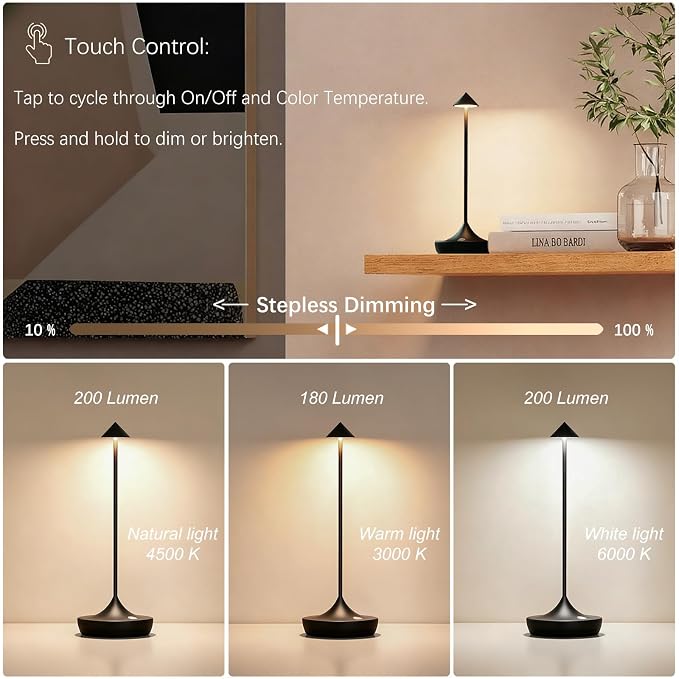 Rechargeable Cordless Table Lamp, Battery Operated LED Lamps | 3-Color Stepless Dimmable, Portable IP54 Waterproof Outdoor Lamps for Patio Dining Bar Home Office (2-Pack Black)
