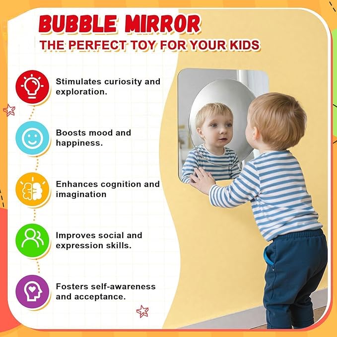 Geiserailie 1 Pc Sensory Wall Mirror Acrylic Bubble Mirror Toys for Calming Corner Items - Sensory Room Have Visual, Tactile Stimulation (10 x 10 Inch,Silver)