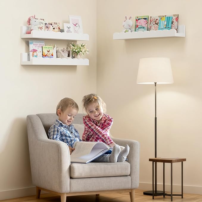 Yirilan 3-Pack Scalloped Shelves, Nursery Shelves for Wall, Floating Nursery Book Shelves for Kids, White