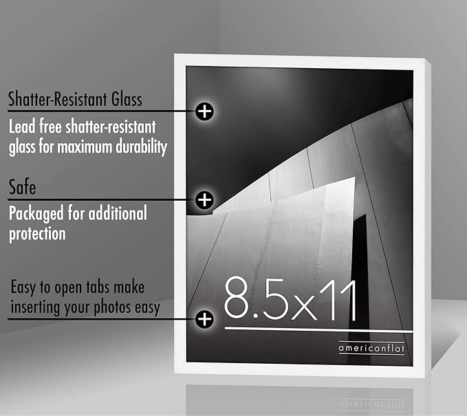 Americanflat 8.5x11 Picture Frame with Shatter-Resistant Glass - Streamline Collection - Thin Border Photo Frame for Tabletop and Wall Display - Hanging Hardware and Easel Stand Included - White
