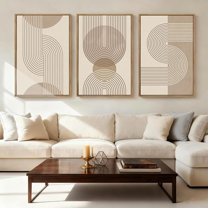 Anyzal Large Neutral Boho Beige Framed Wall Art 16x24 Inch Abstract Modern Canvas Wall Decor Minimalist Geometric Artwork for Living Room Bedroom Dining room Set of 3