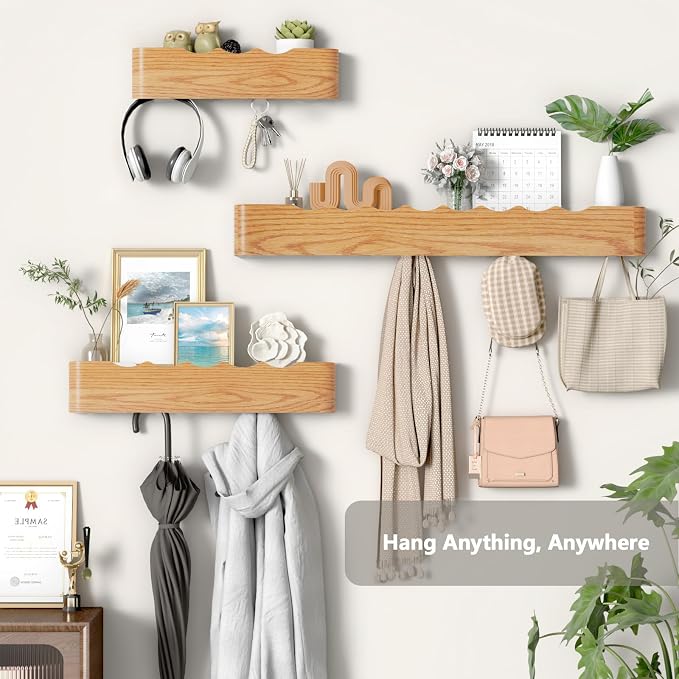 Wall Mounted Coat Rack with Shelf, Wooden Entryway Organizer with Hidden Metal Hooks for Hanging Coats Bags Keys, Modern Floating Shelf for Hallway Bathroom