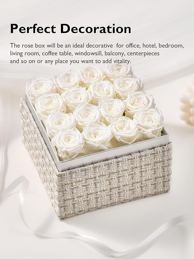 Eterfield Forever Flowers Preserved Roses Real Roses that Last Over a Year Rose Box Gifts for Her Mothers Day Valentines Day Christmas (Square Gold White Plaid Box, 16 White Roses)