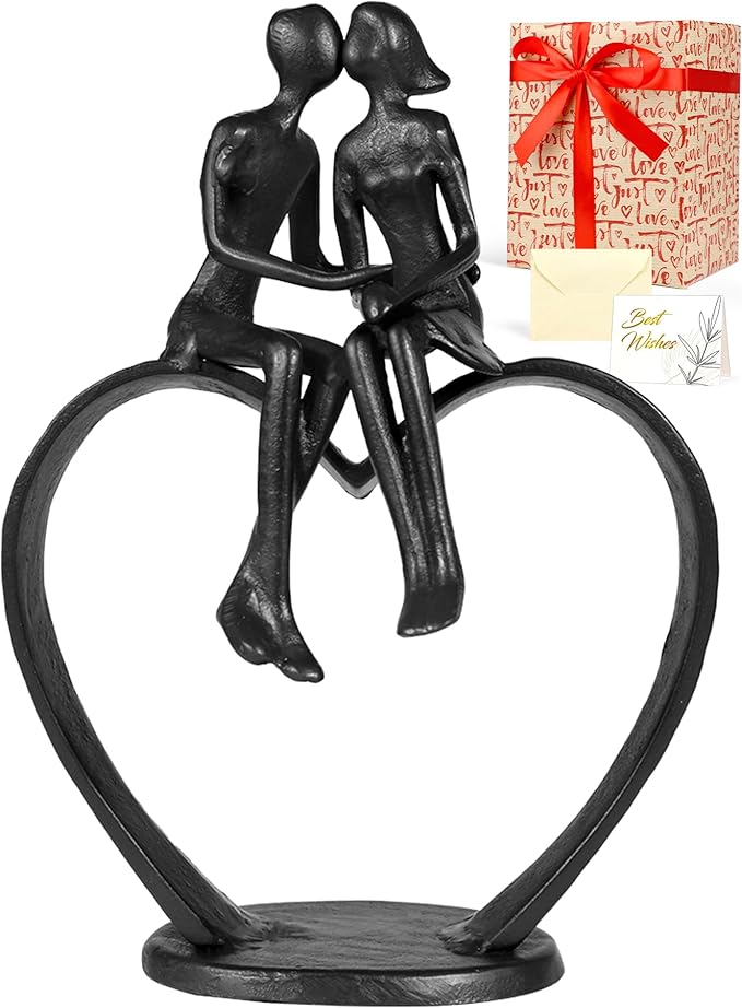 Kresecioo Gifts for Wife, Kissing Couple & Loving Heart Statue Cast Iron Sculpture Decor, Wedding Anniversary Mothers Day Birthday Gifts for Wife Women Girlfriend Her, Mothers Day from Husband