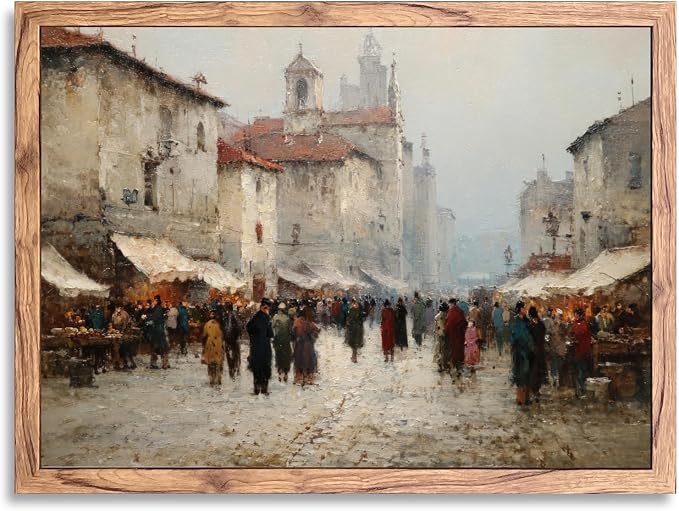KBBYT Large Framed Wall Art Old Town Square Marketplace Scene Poster Canvas Print Vintage Painting Antiques Pictures Wall Decor for Living Room Apartment Office Home Decoration 24x36inch Wood Framed