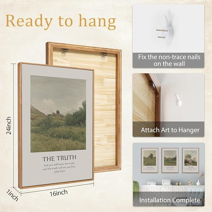 SIKERIC Vintage Christian Bible Verse Wall Art Set of 3, The Way The Truth The Life Framed Canvas Art Painting, Scripture Jesus Art Prints, Modern Village Decoration for Living Room, Church-16x24