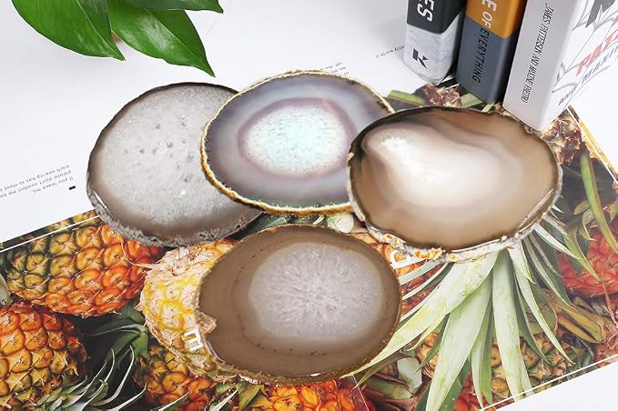 JIC Gem Natural Sliced Agate Coaster with Rubber Bumper Set of 4 (3-3.5", Natural)