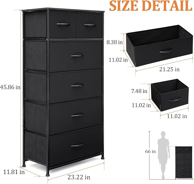 Fabric Dresser for Bedroom, Tall Skinny Dresser with 6 Drawers, Storage Organizer Tower, Steel Frame Wooden Top for Closet, Living Room, Hallway, Nursery(Black)