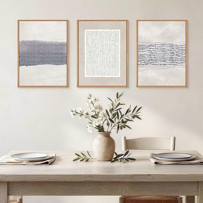 HOURIA Blue White Abstract Neutral Framed Canvas Wall Art Set,Minimalist Boho Waves Lines Wall Decor,Modern Geometric Shapes Print,Mid Century Grunge Artwork for Living Room,Bedroom,Office- 12"x16"x3