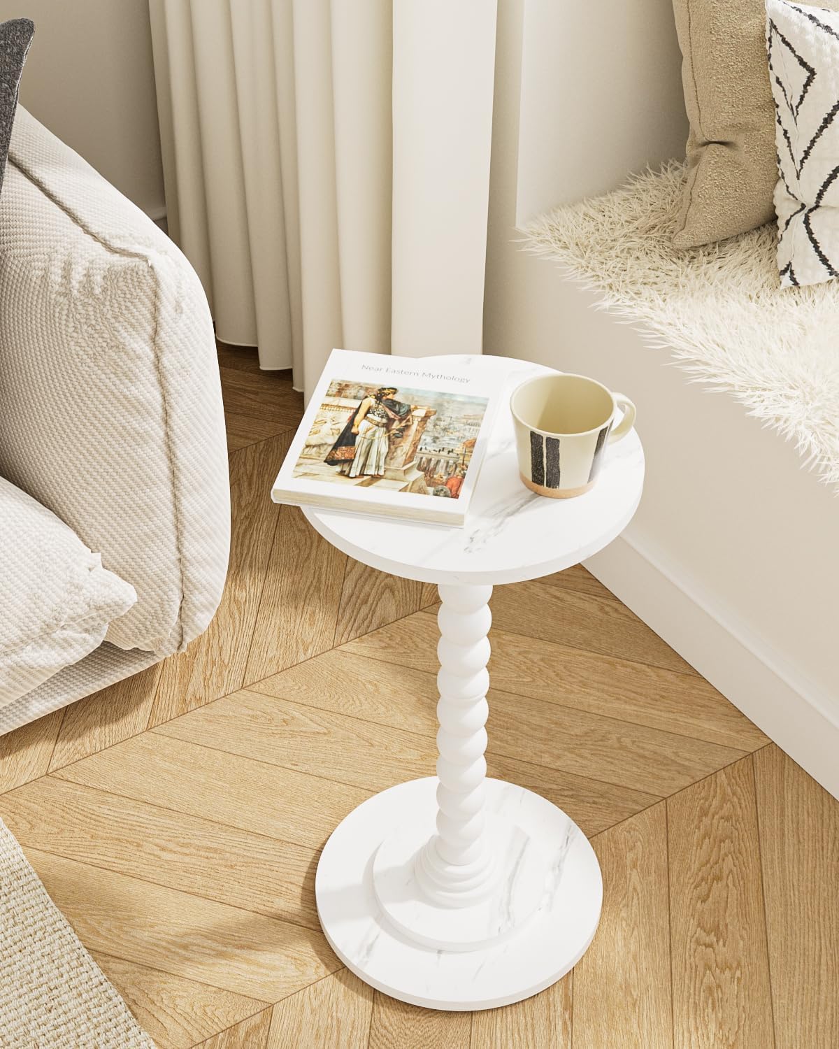Masupu Round Side Table, Small Drink Table for Small Spaces, Pedestal End Table with Solid Wood Leg for Living Room, Bedroom, Corners(Marble White)