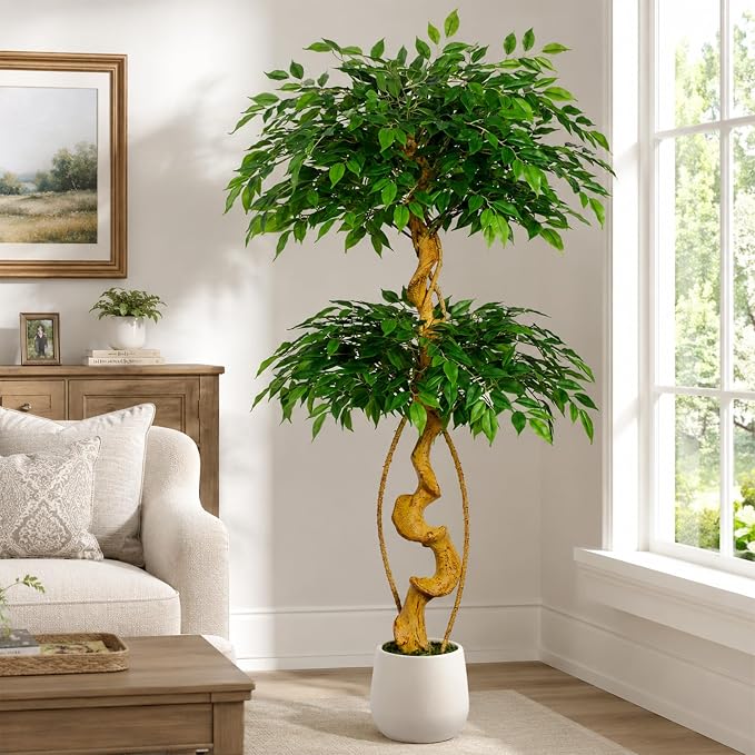 5FT Artificial Ficus Tree, 60in Fake Silk Tree with Natural Curved Trunk & 1488 Lush Leaves, Floor Faux Plant with White Pot, Low Maintenance Decor for Home, Office, Patio