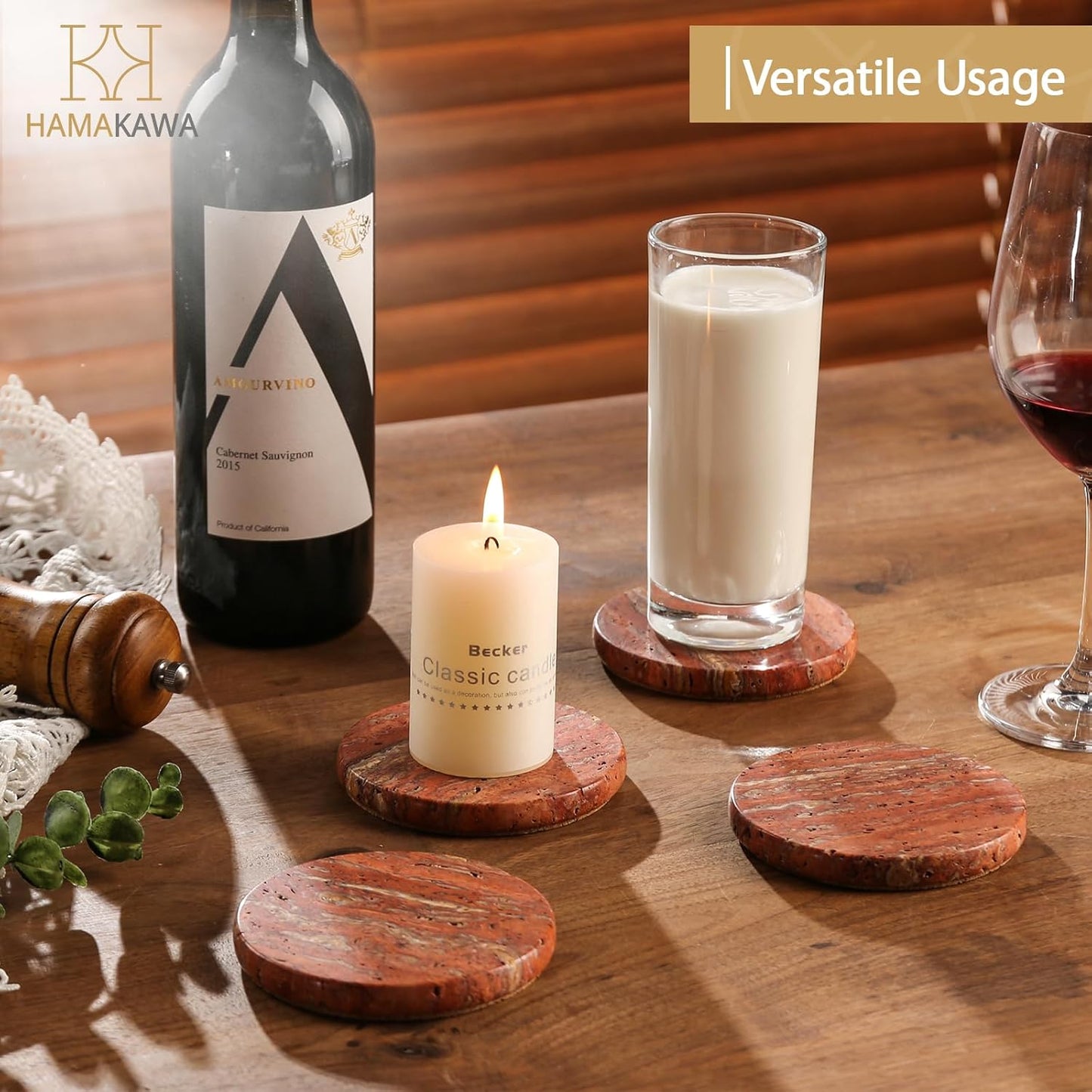 Real Natural Marble Coasters Set of 4, Modern Red Stone 4 Inch, Round Travertine Drink Coasters for Home Decor, Coffee Table, Office