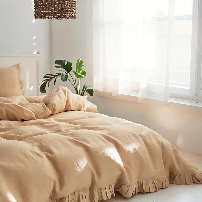 Simple&Opulence 100% Linen Duvet Cover Set, 3 PCS Natural French Flax Sand Ruffle Duvet Cover Full Size, Breathable Comfy Linen Bedding Comforter Cover with 2 Pillowcases (Sand, 78" X 86")
