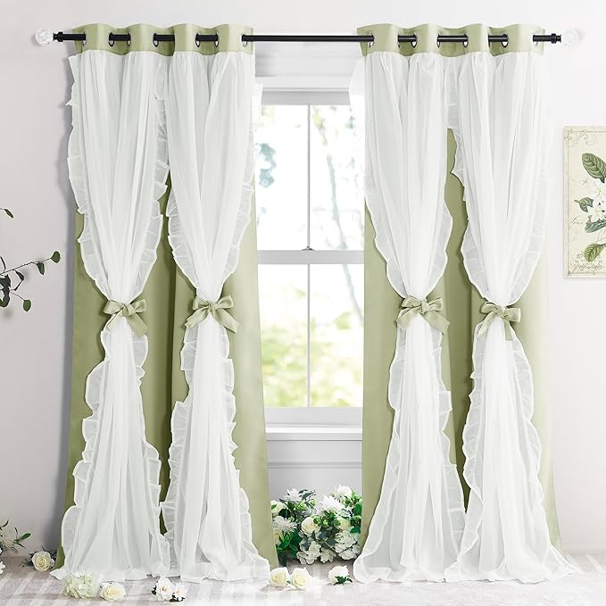 PONY DANCE Blackout Curtains for Whimsical Forest Teen Room，Double Layer Drapes Ruffle Sheer Overlay Farmhouse Rustic Design, W 52 x L 84 Inches, Meadow Green, 2 Panels