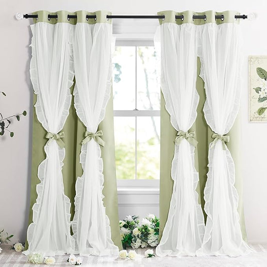 PONY DANCE Blackout Curtains for Whimsical Forest Teen Room，Double Layer Drapes Ruffle Sheer Overlay Farmhouse Rustic Design, W 52 x L 84 Inches, Meadow Green, 2 Panels