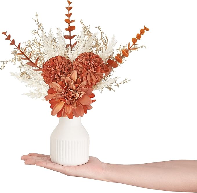 Mkono Small Artificial Flowers in Ceramic Vase 12.5" Centerpieces Coffee Table Decor, Silk Flower Arrangements for Home Decor Indoor Fake Flower Bouquet for Bathroom Dining Room Kitchen Wedding Brown