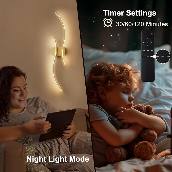 KARTOOSH Battery Operated Wall Sconce with Remote Control, Stepless Colors 3000K-6000K & Dimming, LED Gold Wireless Wall Light for Living Room, Hallway, Bedroom, 39.3 Inch (1 Pack)