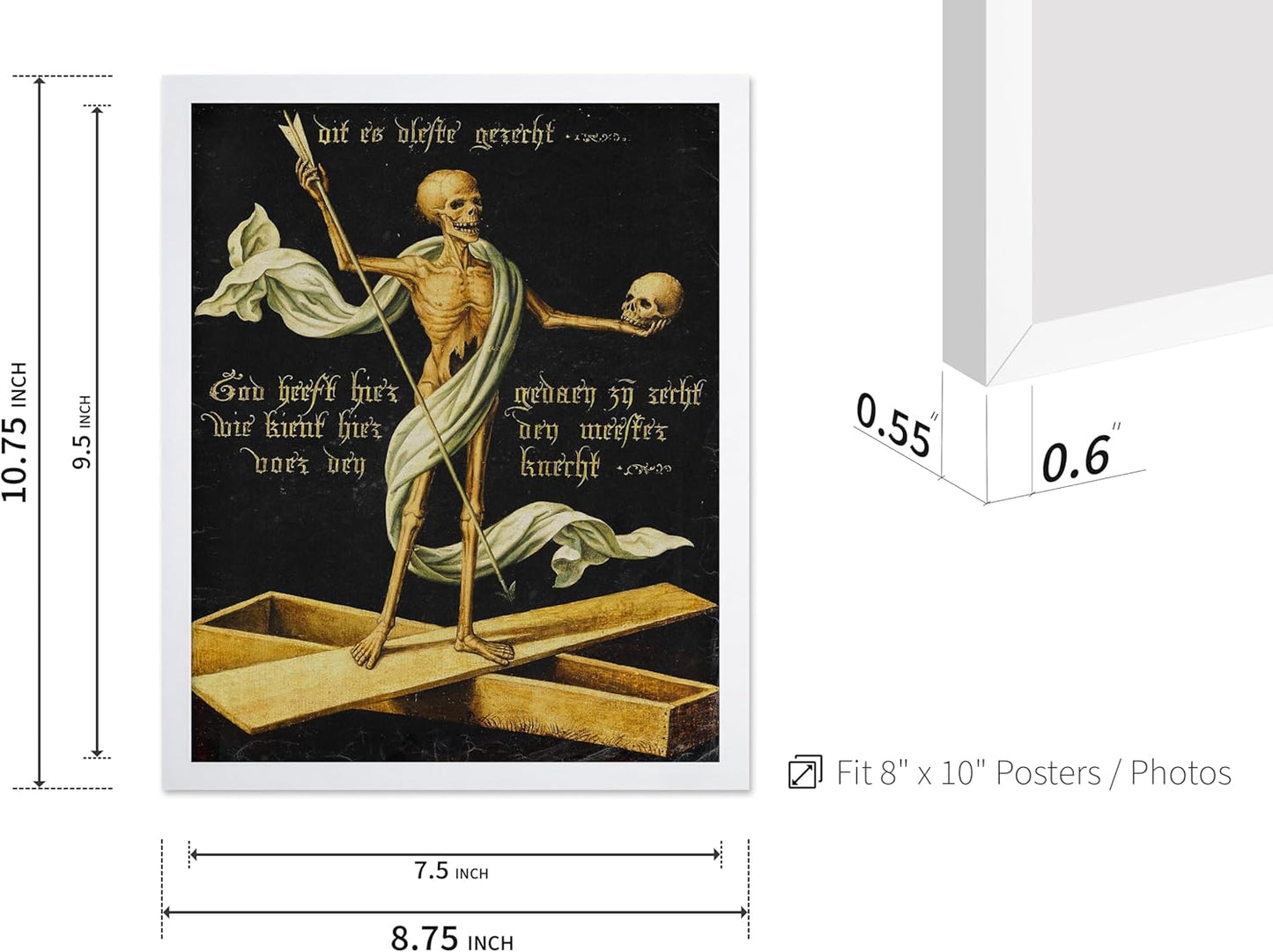 Poster Master Vintage Medieval Poster - Retro Gothic Print - Gift for Artist, Friend - Allegory of Life and Death, Skeleton, Dark, Skull - Wall Decor for Home, Living Room, 8x10 White Framed