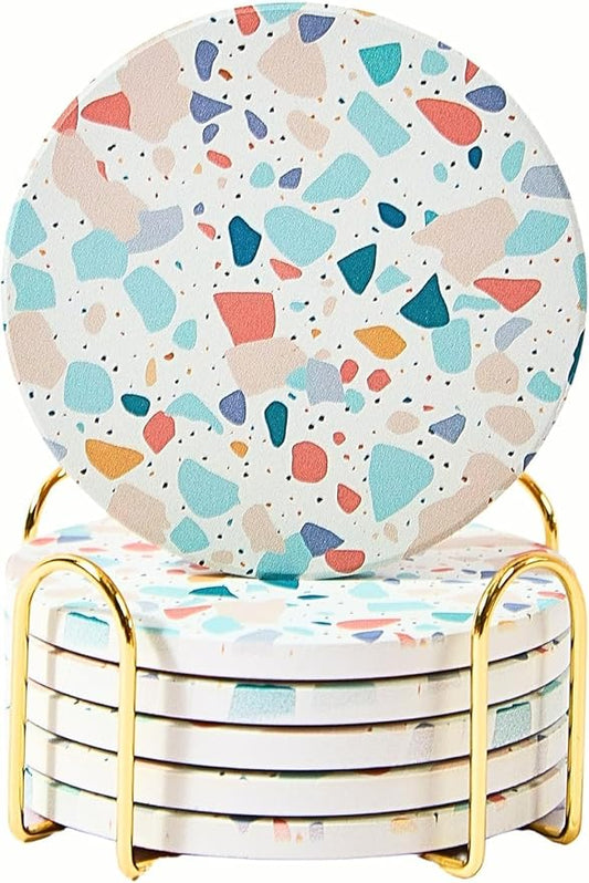 Terrazzo Coasters Set of 6, Ceramic Absorbent Drink Coasters, Cute Moisture Absorbing Coaster, Coffee Table Desk Decor, Colorful Stone Coaster for Drinks (Pastel)