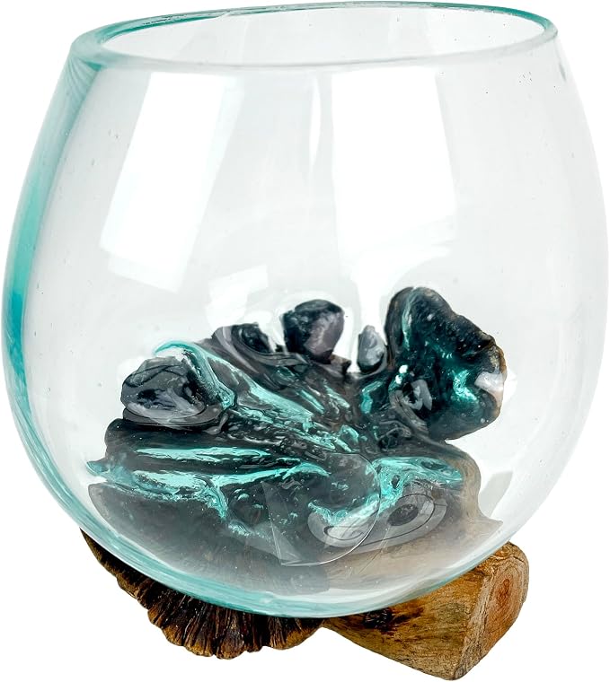 Decorative Vase, 5 Inch Melted Glass on Gamal Root Wood | Clear Bowl Shaped Over Organic Base, Each Piece Varies, For Succulents, Air Plants, Terrariums