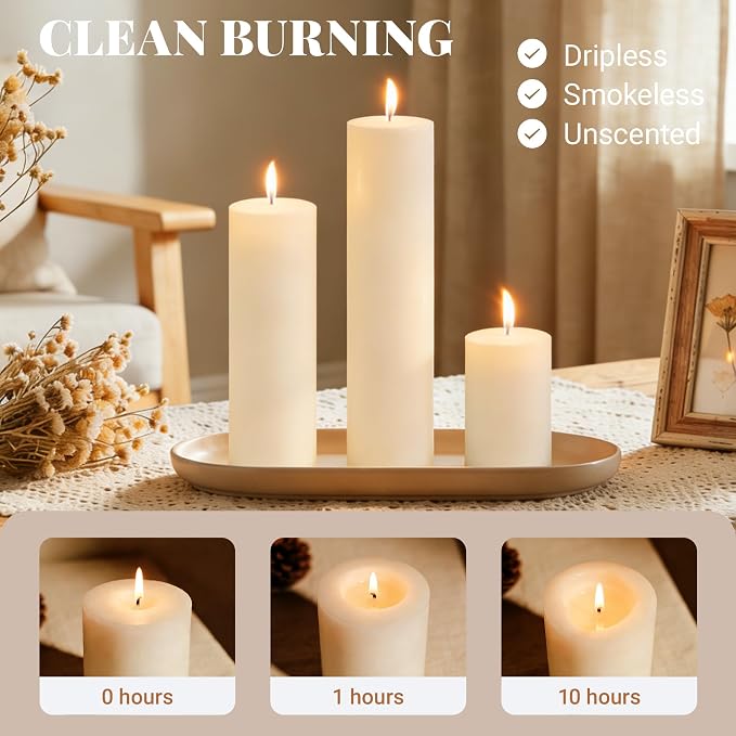 18 Pcs Ivory Pillar Candles Bulk Set, 2x3” 2x6” 2x8” Paraffin Hurricane Candles, Unscented Dripless Smokeless, Long Burning for Party Wedding Events Home Decor