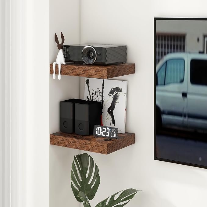FLYJOE 12 Inch Deep Floating Shelves, 16'' Brown Floating Shelves Set of 2 | 12'' Deep Shelves for Wall, 16'' x 12'' Rustic Brown Wood Shelves for Living Room Bathroom Kitchen Bedroom