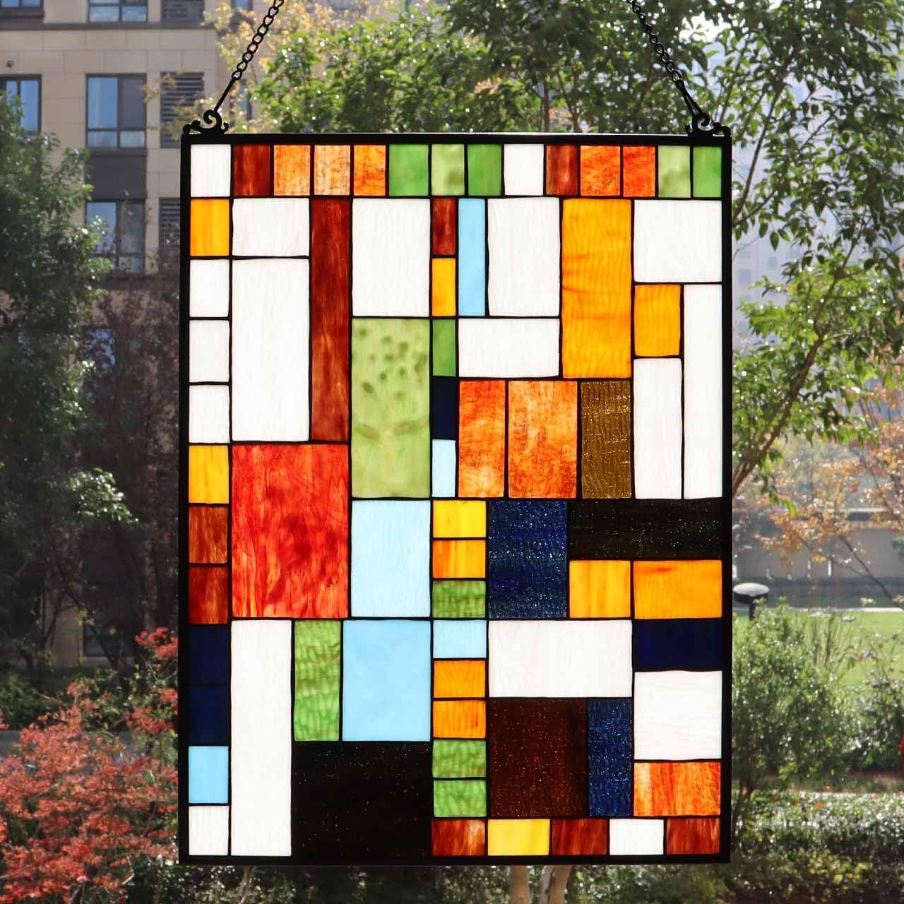 Bieye Geometric Color Block Tiffany Style Stained Glass Window Panel with Hanging Chain (18x25 inches W10092)