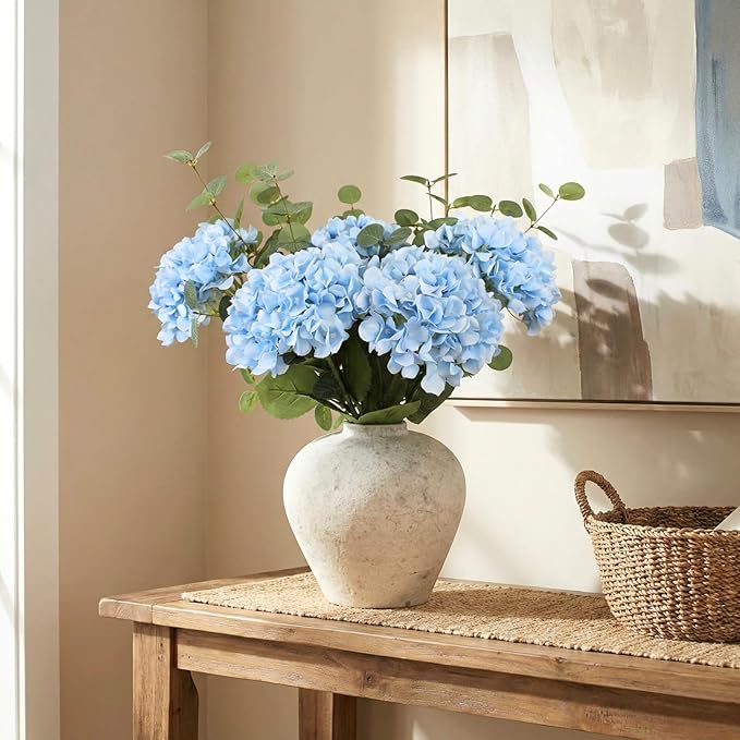 Blue Hydrangea Artificial Flowers Arrangement, 5 Real Touch Hydrangea Stems & 3 Faux Eucalyptus, Artificial Flowers for Table Centerpiece, Dining Room Living Room Decor, Spring Home Decor