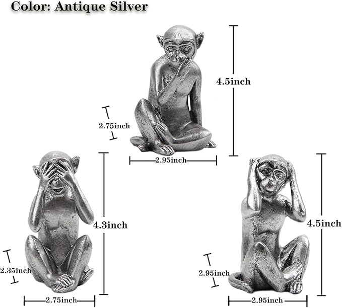 3 wise monkeys statue - hear no evil see no evil speak no evil monkeys statue for home decorations,monkeys figurines home decor accents,see no evil figurines monkey statues set of 3 silver color