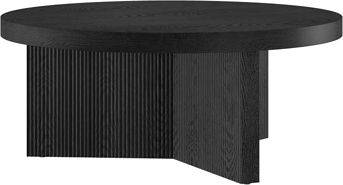 Henn&Hart 36" Fluted Round Low-Profile Coffee Table with Ribbed Pedestal Base for Living Room, Family Room, or Office, Natural Black