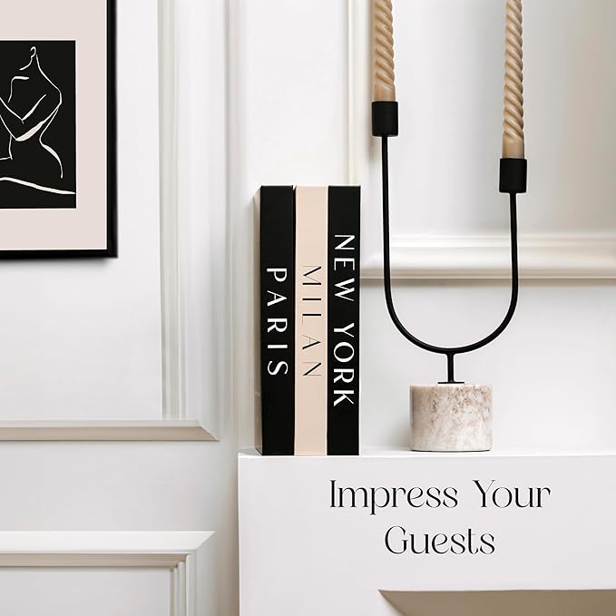 Decorative Books for Home Decor, Small Fake Books for Decoration with Blank Pages – Fashion Designer Coffee Table Book Decor Set of 3, Modern Book Stack Shelf Decor – Hardcover, Black/Cream