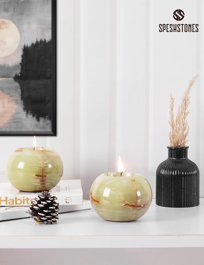 Marble Tealight Candle Holder 3.5 Inch Green Onyx Stone Votive Candle Holders for Tables Centerpieces Decor - Decorative Candles Holders for Wedding Gifts