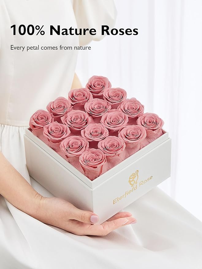 Eterfield Forever Flowers Preserved Roses Real Roses that Last Over a Year Rose Box Gifts for Her Mothers Day Valentines Day Christmas (Square White Box, 16 Dusty Pink Roses)